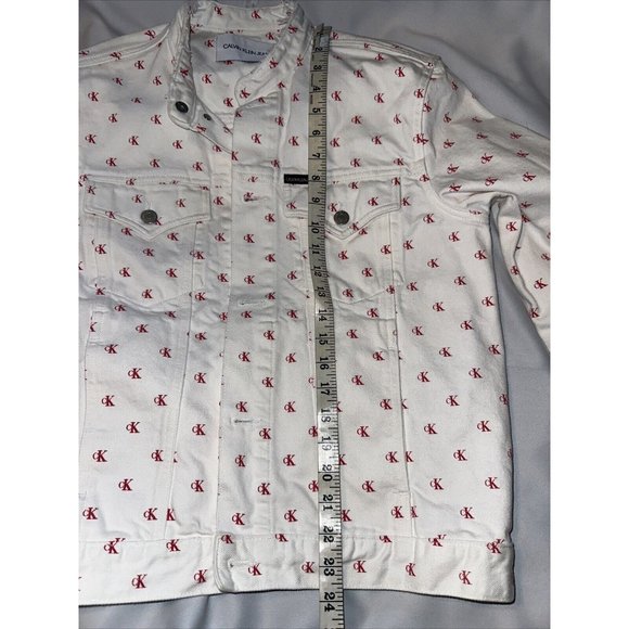Calvin Klein Logo Jeans Trucker Jacket Red Monogram CK Logo Denim Distressed - Picture 5 of 10